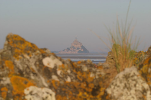 France, Basse Normandie, Manche, pays de la baie du Mont-Saint-Michel, 
le grouin du sud, panorama, maree basse, rochers,