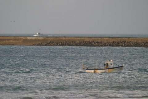 France, Basse Normandie, Manche, Cotentin, Cherbourg, rade, grande rade est, petit bateau de peche, digue de Collignon