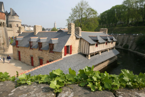 France, Bretagne, Morbihan, Vannes, golfe du Morbihan, anciens lavoirs, remparts, parapet du pont, lierre,