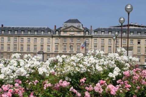 France, Haute Normandie, Seine Maritime, Rouen, hotel de region et jardins de la place, institution, administration, conseil regional, jardin, fleurs, rose, rosier