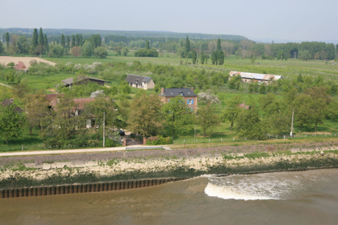 France, Haute Normandie, Seine Maritime, vallee de la Seine, jumieges, bord de Seine au fil de la route des fruits, vague provoquee par un cargo,