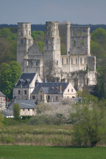 France, Haute Normandie, Seine Maritime, vallee de la Seine, abbaye de jumieges, vue depuis un cargo, paysage, monument historique,