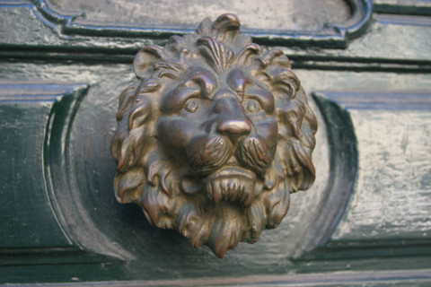 France, Haute Normandie, Seine Maritime, Rouen, quartier des hotels particuliers, bouton de porte, lion, 
rue saint patrice