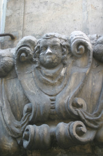 France, Haute Normandie, Seine Maritime, Rouen, rue etoupee, detail habitat, maison, sculpture, habitat traditionnel, ornement, decor, facade, sculpture, 
visage d'homme,