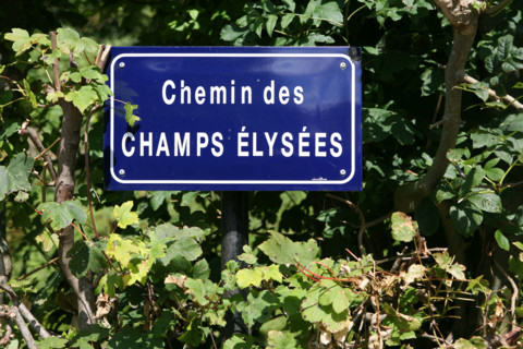 France, Haute Normandie, Seine Maritime, veules les roses, pays de Caux maritime, au fil de la veule, plus petit fleuve de france, chemin des champs elysees, panneau indicateur,