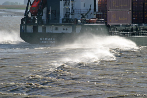 France, Haute Normandie, Seine Maritime, vallee de la Seine, entre pont de Normandie et Tancarville, cargo en Seine, ecume et vagues,
