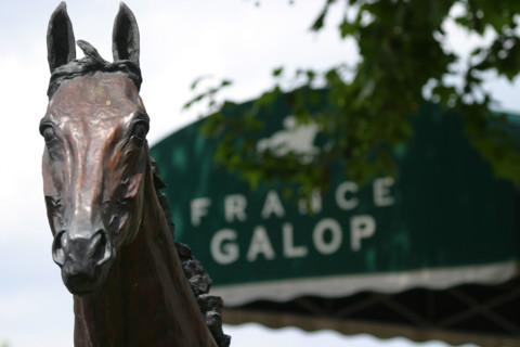 France, ile de france, paris 16e, hippodrome d'auteuil, course d'obstacles, gras savoye grand steeple-chase de paris 2004, jockey, cheval, prix, pur sang, cheval, hippisme, turf, statue etalon,