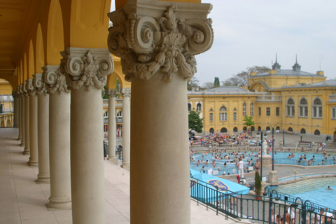 europe, Hongrie, budapest, bains szechenyi, thermes, station thermale, piscine, thermalisme, colonnes, architecture, eau, baignade,