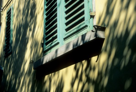 Italie, toscane, florence, firenze, fiesole, detail maison, volet, lumiere, ombres feuilles,