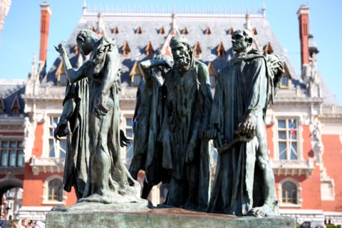 France, region nord, pas de calais, calais, place de l'hotel de ville, groupe sculpte d'auguste rodin, les bourgeois de calais, vers 1885, bronze,
