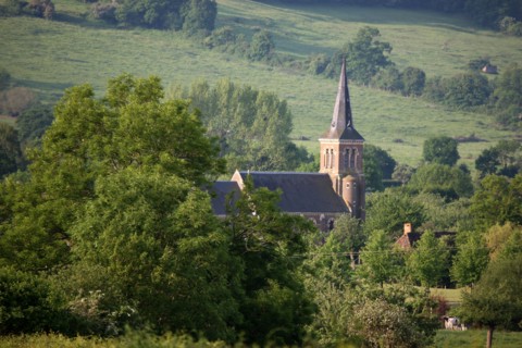 France, Basse Normandie, calvados, pays d'auge, pays de cambremer, route du cidre, rumesnil, paysage, clocher, eglise, champ, pommiers,