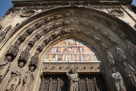 France, ile de france, paris 10e arrondissement, 68 boulevard de strasbourg, eglise saint laurent, religion catholique, detail du porche central,