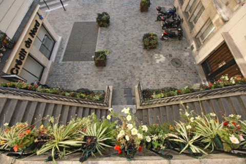 France, Ile de France, paris 5e arrondissement, rue rollin, rue a hauteur variable, escaliers donnant sur la rue monge,
