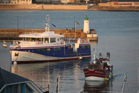 France, Bretagne, morbihan, quiberon, ocean atlantique, port maria, bateaux, chalutier de retour au port, ferry assurant la liaison avec belle ile en mer, compagnie oceane,