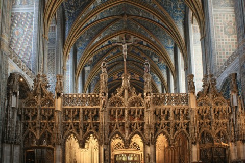 france, region midi pyrenees, tarn, albi, patrimoine mondial unesco, cathedrale sainte cecile, nef, brique, edifice religieux, art gothique meridional, entree du choeur, detail du jube,