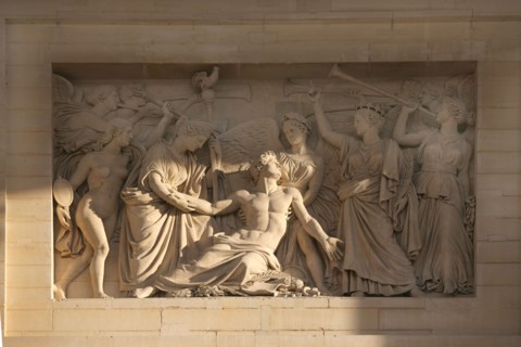 France, ile de france, paris 5e arrondissement, rue soufflot, pantheon, place des grands hommes, colonnade.
Bas-relief : L'Apotheose du heros mort pour la patrie, sculpte en 1837 par Charles-Francois ...
