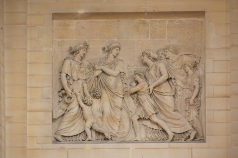 France, ile de france, paris 5e arrondissement, rue soufflot, pantheon, place des grands hommes, colonnade.
Bas-relief : L'Instruction publique, sculpte en 1837 par Charles-Francois Leboeuf dit Nanteu...