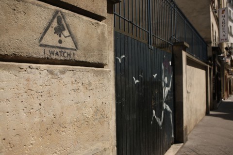 France, ile de france, paris 5e arrondissement, rue mouffetard, detail, facade, mur, graffiti, videosurveillance.
Date : 2011-2012