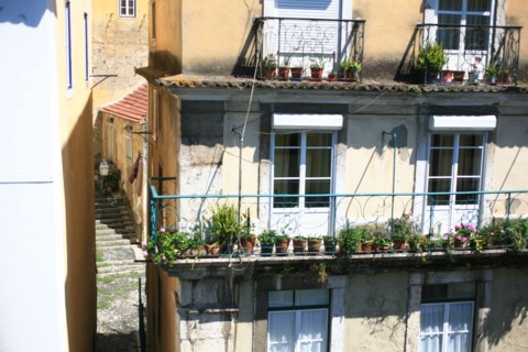 portugal, lisbonne, lisboa, signes de ville, rossio,  au pied de l'alfama, ruelle en escalier, facade immeuble, vue depuis l'hotel tejo
Date : septembre 2011