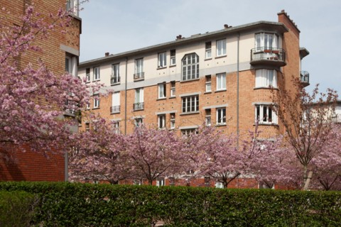 France, Region Ile de France, Hauts de Seine, Suresnes, cite jardin, arbres en fleur,