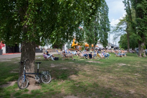 Allemagne (Germany), Berlin, Museuminsell (Ile aux Musees), Monbijou Park, transats sur la pelouse au bord de la Spree,