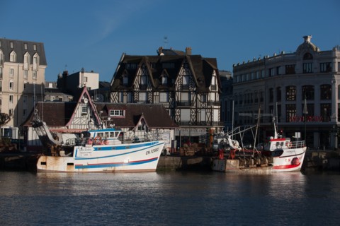France, region Basse Normandie, Calvados, Cote fleurie, Trouville-sur-Mer, port, chalutiers a quai, mouettes, eau, la Touques,