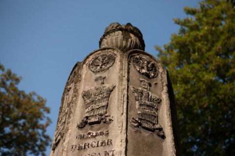 France, Ile de France, Paris 20e arrondissement, cimetiere du Pere Lachaise, 28e division, sepulture des architectes Bernier, Percier et Fontaine, stele avec des symboles maconniques dessines par Perc...