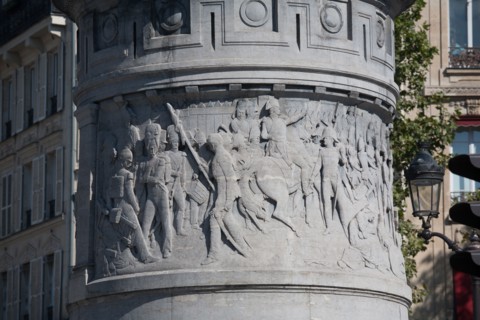 France, Ile de France, Paris 17e arrondissement, Place de Clichy, statue du marechal Moncey, sculpture, piedestal, relief representant la defense de Paris par Moncey a la barriere de Clichy, en 1814