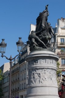 France, Ile de France, Paris 17e arrondissement, Place de Clichy, statue du marechal Moncey, sculpture, piedestal, relief representant la defense de Paris par Moncey a la barriere de Clichy, en 1814