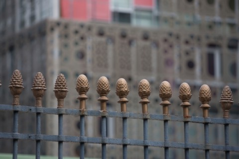 France, Ile de France, Paris 5e arrondissement, quai Saint-Bernard, detail de la grille de l'ancienne halle aux vins, pomme de pin, symbole des marchands de vin,