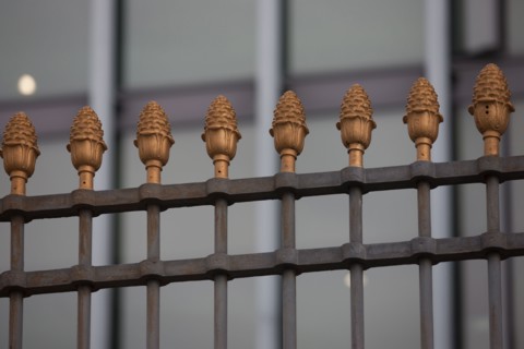 France, Ile de France, Paris 5e arrondissement, quai Saint-Bernard, detail de la grille de l'ancienne halle aux vins, pomme de pin, symbole des marchands de vin,