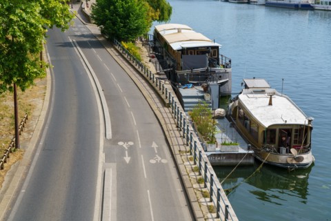 Paris, empty express roadways along the Seine river