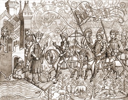 Gravure, Jeanne d'Arc accueillie par le roi de France Charles VII