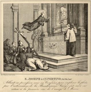 Saint Joseph de Cupertino in levitation in front of the image of the Virgin.