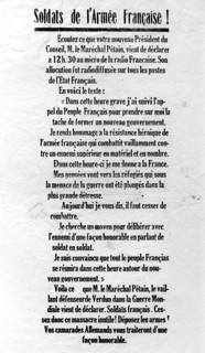 20 juin 1940 . Discours radiodiffusé du maréchal Pétain.