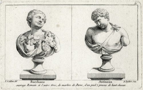 Mythologie grecque. A gauche, Bacchante. A droite, Antinoüs.