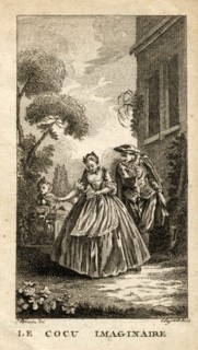 Gravure du XVIIIe  siècle. Scène du Cocu Imaginaire de Molière.