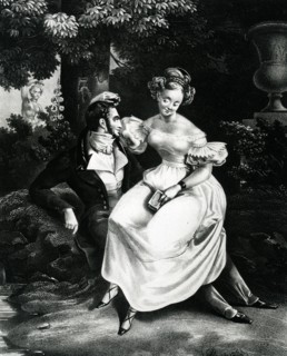 Vers 1820. Scène galante dans un parc.