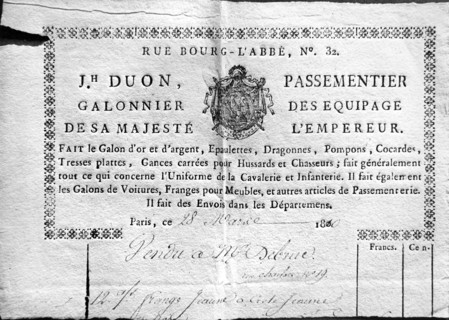 Facture du  passementier Duon, fournisseur de Napoléon 1er
