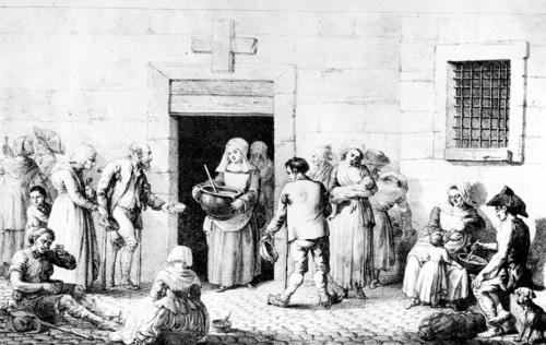 Les religieuses distribuent de la soupe aux pauvres.