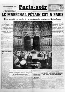 1944. Manchette de Paris-Soir : " Le maréchal Pétain est à Paris.