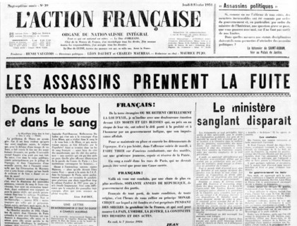 L'Action Française : " Les assassins prennent la fuite ". 8 février 1934