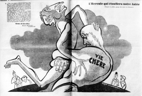 Caricature. Blum terrassé par la vie chère. 1937. La Presse.