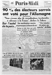 15 janvier 1935. La " Une " De Paris-Midi. Les Sarrois acclament Hitler.