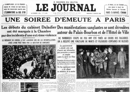 7 février 1934. Emeutes à Paris. Manchette de " Le Journal ".