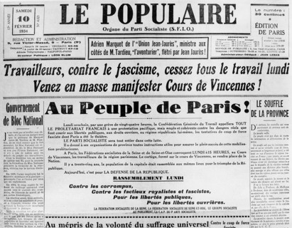 10 février 1934. Manchette de " Le Populaire ". Appel au peuple de Paris.