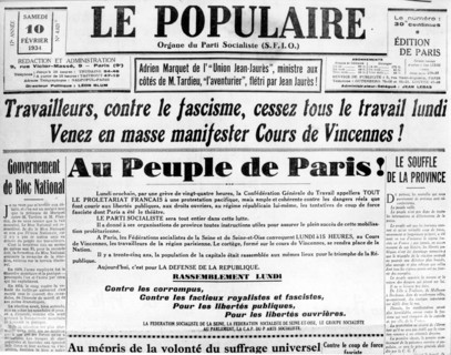 Manchette du Populaire. Appel au peuple de Paris.'10 février 1934.