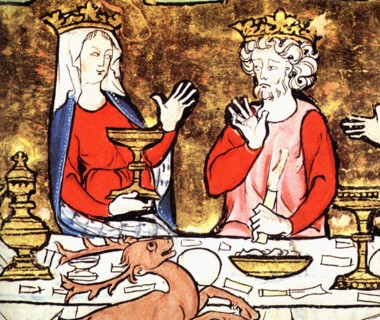 Manuscrit enluminé, repas royal au cerf bondissant