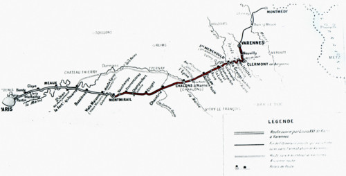 Carte de la route de Varennes où fut arrêté le roi Louis XVI.
