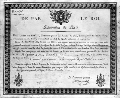 Parchemin de la Décoration de l'Ordre du Lys, signé par le comte de Précy